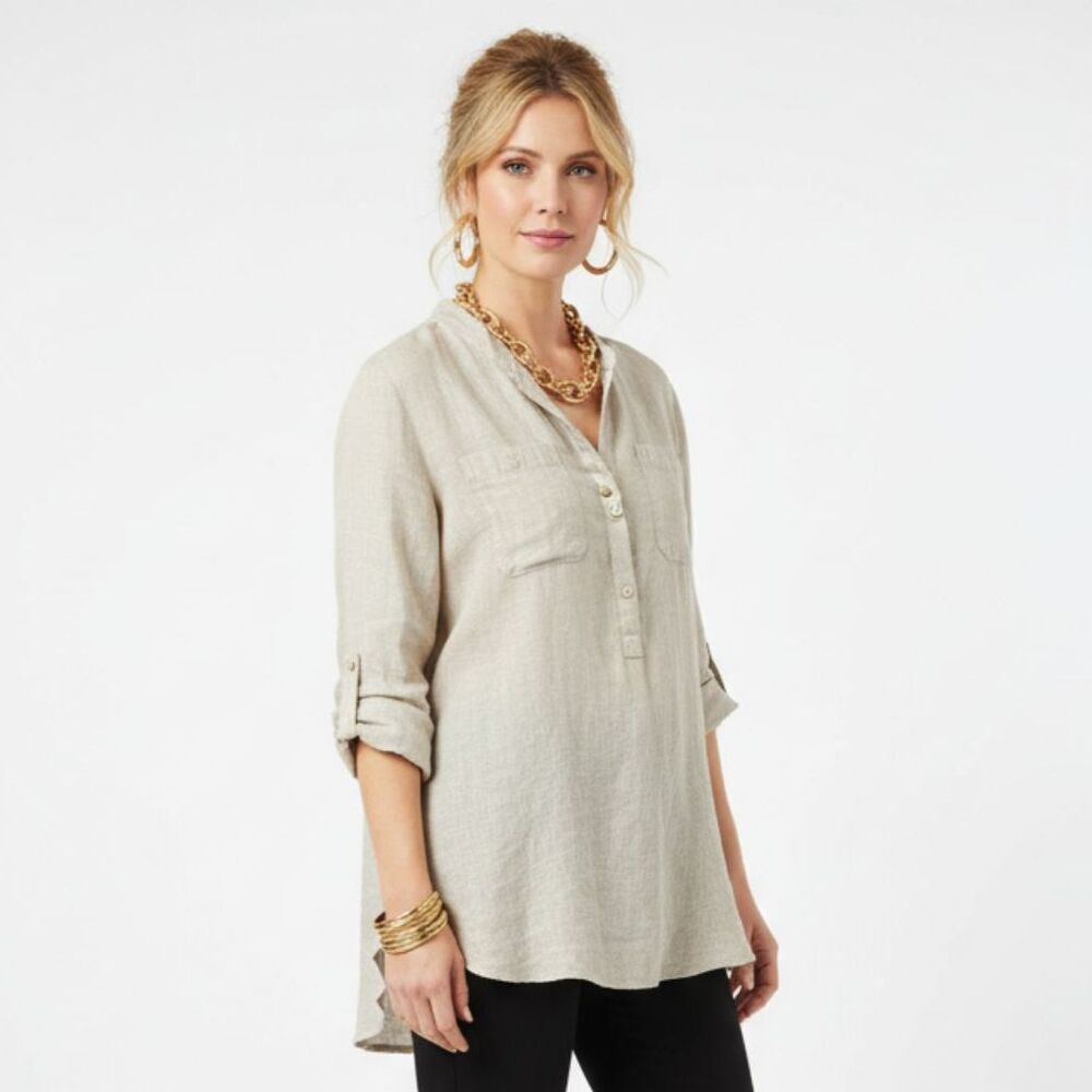 Chico’s 100% Linen Tan Striped Long Convertible Sleeve Blouse Top 0 S